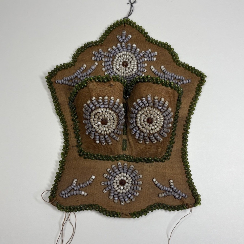 Iroquois Whimsey Beaded Match Holder Early 1900s Green Lilac Brown Pony Beads‎